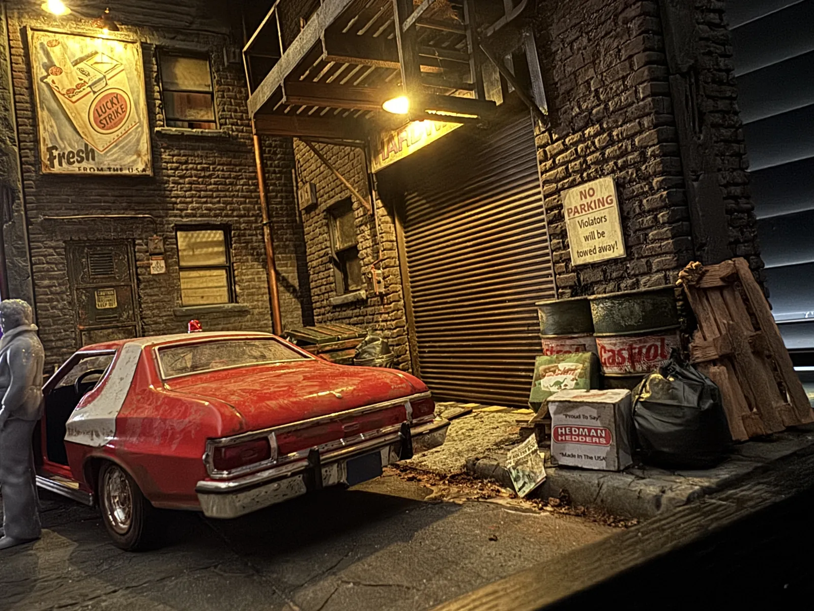 The red and white Gran Torino parked in the 1:24 alley at night, under a lit fire escape