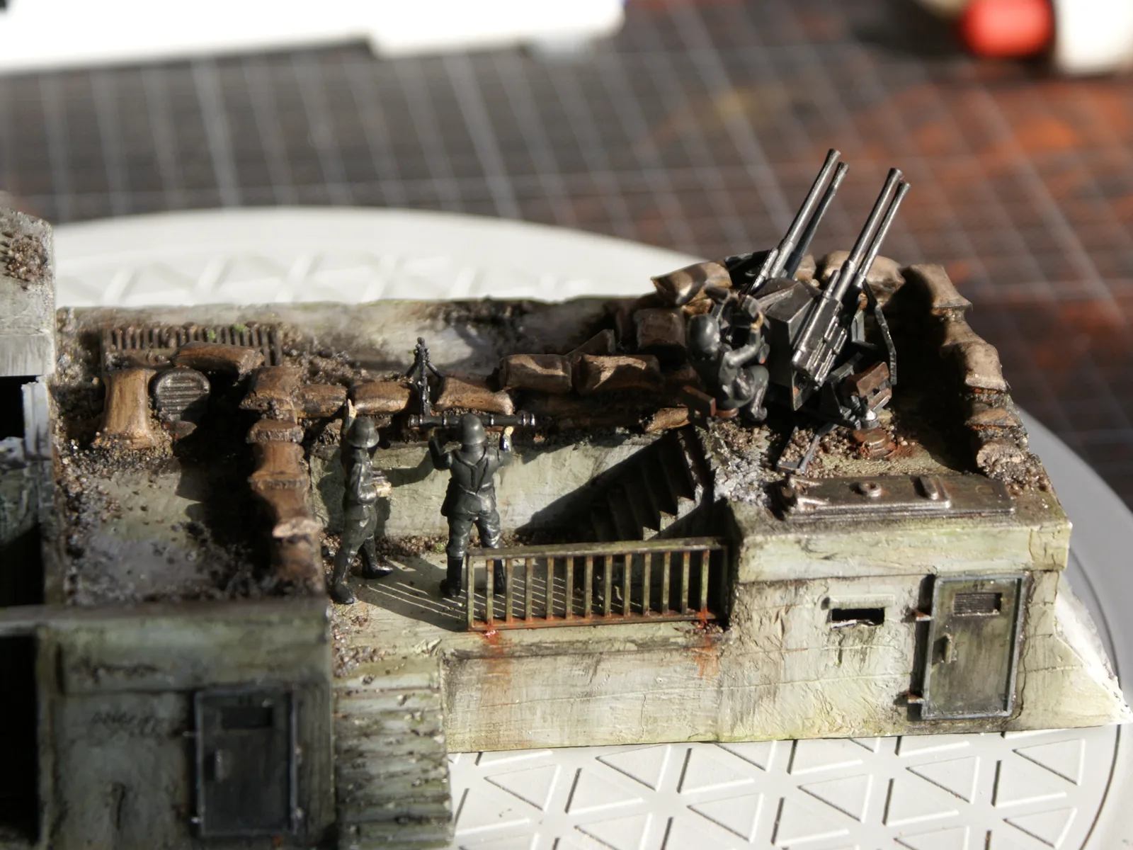 The finished fort from an angle, with the quad gun and crew
